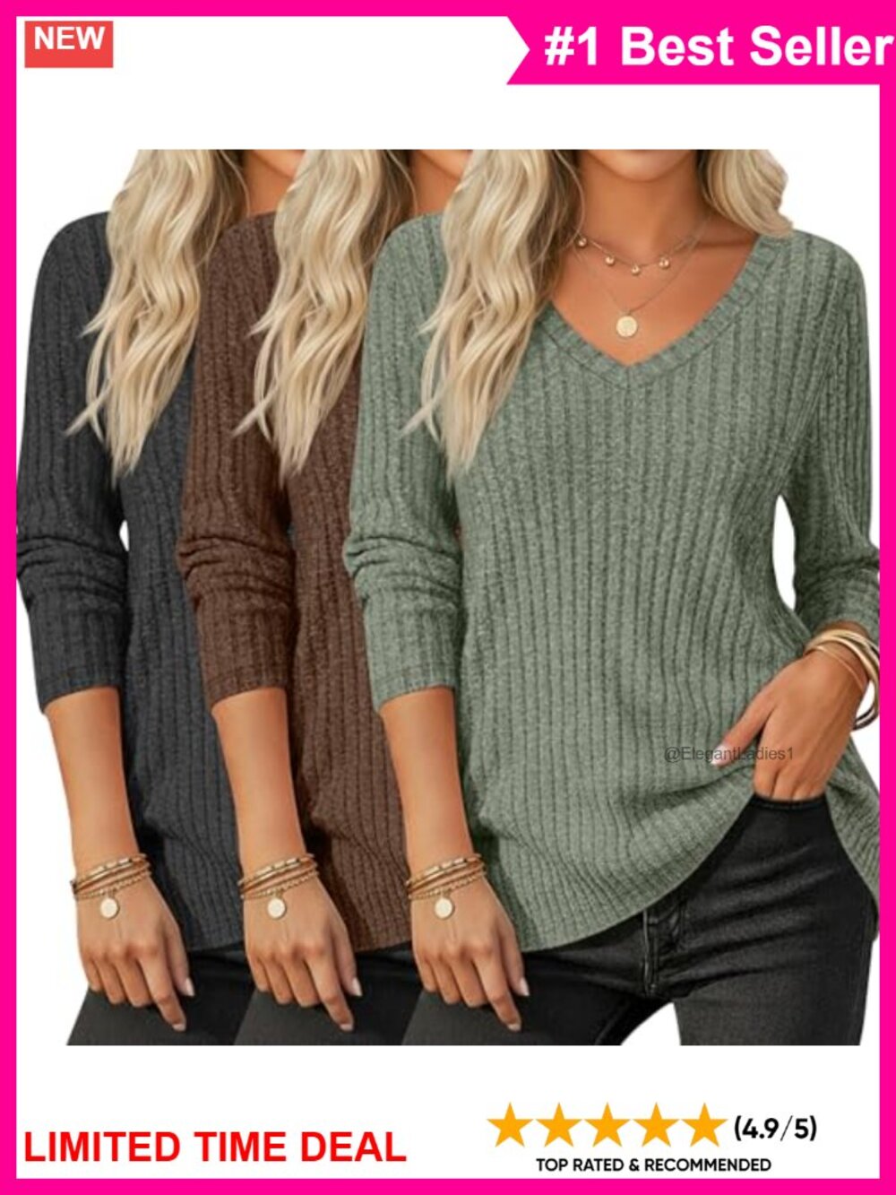 3 Pack Women's Long Sleeve Ribbed Tunic Sweaters V-Neck Pullover